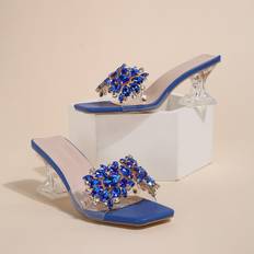 Blue Heeled Sandals Shein Rhinestone Decor Clear Band Sandals - Blue Party Crystal Detail