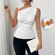 Shein Women's Elegant Asymmetric Sleeveless Crop Vest Top, Draped Neck, White Knit Fabric With Elastic Gold Metallic Color Block