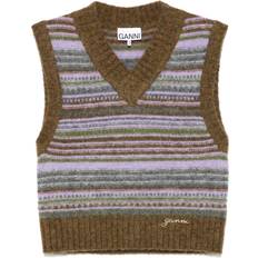 Dame - Multifarvet Veste Ganni Stribet Merino Uldvest - Grøn