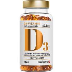 Omega 3 biosalma BioSalma Vitamin D3 High Concentrate 62.5ug+ Salmon oil 180 stk