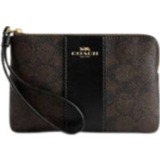 Coach Corner Zip Wristlet In Signature Canvas With Stripe - Gold/Walnut/Black