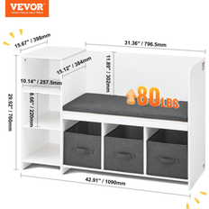 Storage benches kids VEVOR Kids Reading Nook Bench 6-Cubby Storage Bookshelf with Seat Cushion White