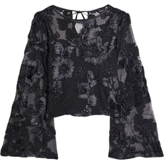 River Island Long Sleeve Sheer Floral Crop Top - Black