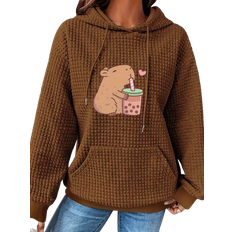 Temu Dusty Capybara Print Waffle Knit Hoodie - Caramel