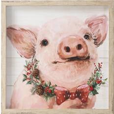 Festive Embellished Pig Natural Framed Art 43x43cm