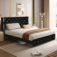 House of Hampton Velvet Bed Frame with Diamond Tufted Headboard Queen