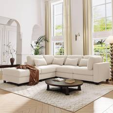 5 Seater - Corner Sofas Livavege Corduroy Sectional Beige Sofa 99.6" 5 Seater