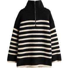 Damen - Hoher Kragen Oberteile H&M Ribbed Sweater with Zipper - Black/Striped