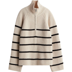 H&M Zip Top Rib Knit Jumper - Light Beige/Striped