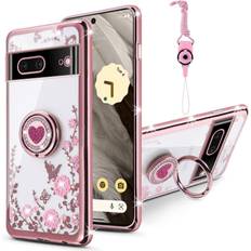 Mobile Phone Accessories Google for Pixel 7 Case, Pixel 7 Phone Case for Women, Glitter Crystal Butterfly Heart Floral Slim TPU Cute Girls Protective Cover with Ring Holder Stand Strap for Pixel 7 Case (2022) (Rose Gold)