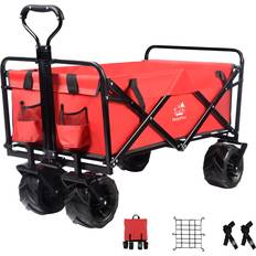 Napfox Collapsible Heavy Duty Beach Wagon Cart Outdoor Folding Utility Camping Garden Beach Cart with Universal Wheels Adjustable Handle Shopping (Red)