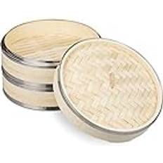 Relaxdays Bambu Ångkokare Ø 25,5 cm med Metallringar Ånginsats