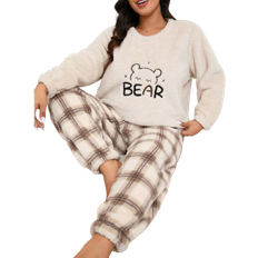 Shein Plus Size Women's Fleece Pajamas Set, Winter Dotted Pattern Embroidered Bear Decor Crew Neck Lounge Wear