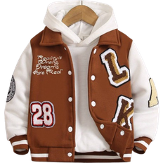 Shein Young Boys Casual Jacket Coat, Featuring Collared Design, White Sleeves Contrasting With Brown Body, Textured Embroidered Patch, Ribbed Cuffs And Hem, Windproof And Warm, Suitable For Daily Wear, Sports, School, And Travel