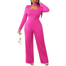 Shein BamGleam Shien Slayr Stretch Round Neck Long Sleeves Jumpsuit-Magenta