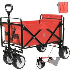 Napfox Collapsible Heavy Duty Beach Wagon Cart Outdoor Folding Utility Camping Garden Beach Cart with Universal Wheels Adjustable Handle Shopping (Red)