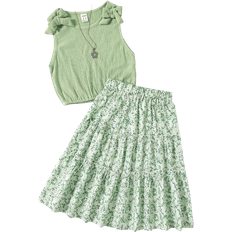 Shein Tween Girl Bow Patched Top And Ditsy Floral Skirt