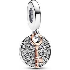 Pandora Two Tone Key to Happiness Double Dangle Charm - Silver/Rose Gold/Transparent