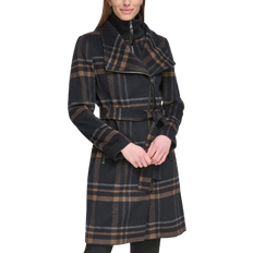 Calvin Klein Black Clothing Calvin Klein Womens Wool Blend Belted Wrap Coat - Black Plaid