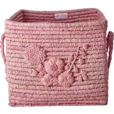 Rosa Korgar Rice Raffia Square Basket with Flower Embroidery - Pink Korg