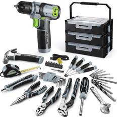 WORKPRO 43PCS Cordless Lithium-ion Drill Driver and Toolbox, 8V 2.0 Ah Power Drill Set with Household Hand Tool Kit, Battery Powered Screwdriver with Stackable Tool Box, Home Tool Set for Repair, DIY