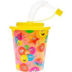 Multifarvet Plastikkrus LG-Imports Cup with Lid and Straw Smiley Face 12pcs