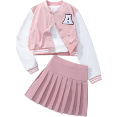 Mädchen - Rosa Sonstige Sets Shein Teen Girls Letter Embroidery Baseball Jacket And Pleated Skirt Set