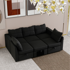 Latitude Run Upholstered Sectional Couches with Speaker Black Sofa 85" 6 Seater