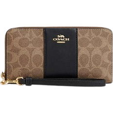 Coach Long Zip Around Wallet In Signature Canvas With Stripe - Gold/Tan/Black