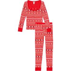 PINK Thermal Long Pajama Set - Bright Vermillion Fair Isle Print