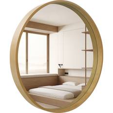 Accent mirror round Ebern Designs Karrina Accent Wood Round Light Oak Wall Mirror 31cm