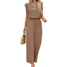 Brown - Women Jumpsuits & Overalls Shein Frenchy 2pcs/Set Women's Sleeveless Cropped Lace Blouse Textured Fabric