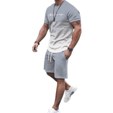 Shein 2pcs Men's Summer Casual Outfit, Color-Block Short Sleeve T-Shirt & Drawstring Shorts Set, Beach Sports Large Size Suit