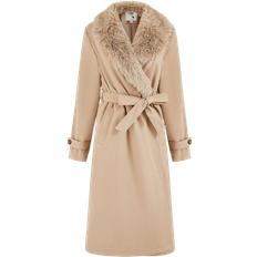 Yumi Faux Fur Collar Wrap Around Coat - Cream