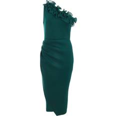 Green - Midi Dresses Quiz Women's Scuba One Shoulder Trim Ruched Midi Dress - Green