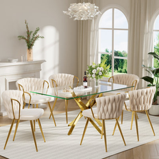 Gold Dining Sets Mercer41 Elegant 7-Piece Rectangle Glass Dinning Table Dining Set 7pcs