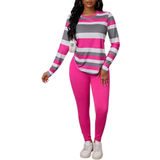 Pink Tights & Stay-Ups Shein VaVaLuxe Women Striped Crew Neck Long Sleeve Casual T-Shirt And Leggings Two-Piece Set, Autumn