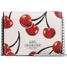 Coach Mini Wallet On A Chain With Cherry Print - Novelty Leather/Silver/Chalk Multi