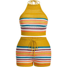 Shein Slayr Plus Size Holiday Leisure Slim Fit Sleeveless Tube Top Rainbow Striped Women's Shorts Knitted Set With Neck Tie And Waist Tie, For Pride Month