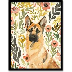Green Framed Art ARTERY8 Dog Lover German Shepherd in Wildflower Field A4 Framed Art
