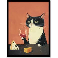 ARTERY8 Tuxedo Cat Wine with Cheese A4 Framed Art