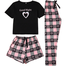 Shein 3 Stücke Set aus Pyjama mit Buchstaben-, Herz- und Karomuster, bestehend aus Rundhals-Kurzarm-T-Shirt, Shorts mit elastischem Bund und Freizeithose, bequeme Nachtwäsche für Damen