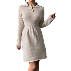 Shein RelaxiSolid Color Knit Winter PoLO Collar Minimalist Long Sleeve Short Dress