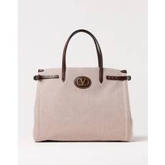 Magnetic Lock - Men Handbags Valentino Garavani Antibes Medium Canvas Shopping Bag - Natural/Tobacco/Teak Brown