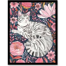 ARTERY8 Striped Cat Laying in Pink Wildflowers Wall A4 Framed Art