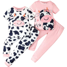 Shein Young Girl Simple Cow Print Short-Sleeve Tight Top And Long Pants Pajama Set, 2pcs