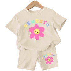 Shein Baby Girl's Casual And Simple Flower Printed Short Sleeve T-Shirt And Shorts Set, Suitable For Summer