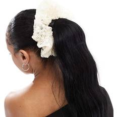 Pieces XL Floral Embroidered Mesh Scrunchie in White