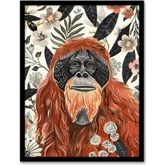 MDF Framed Art ARTERY8 Orangutan In Floral Jungle Bright Wall Black A4 Framed Art 23.4x32.3cm