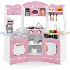 Costway Kids Corner Wooden Play Kitchen Microwave